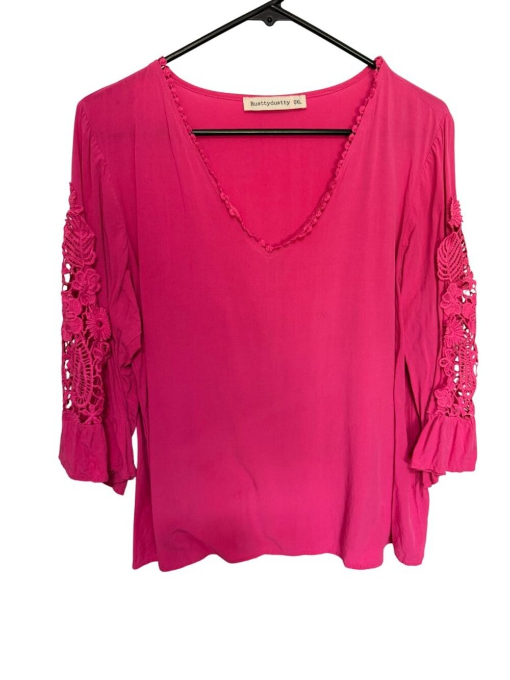 Rusttydustty Top Hot Pink with Crochet Arms V Neck Womans XL